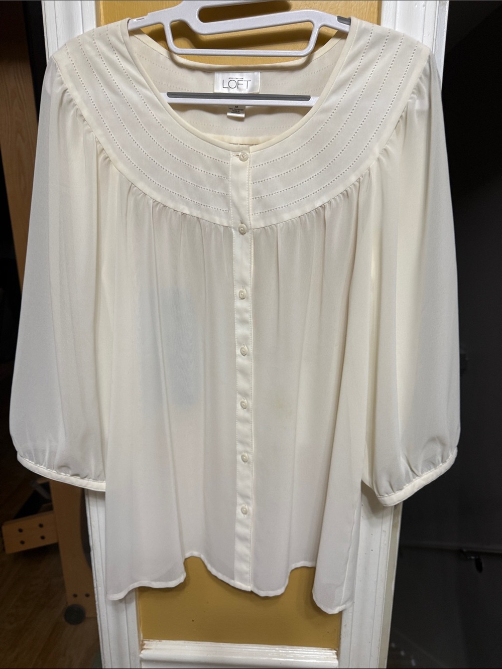 LOFT Cream Pintuck Yoke Sheer Button Front Blouse Medium